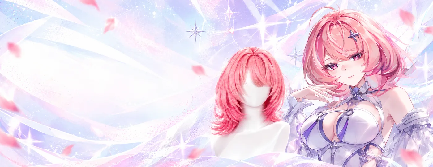 Pink Remielle cosplay wig beside character artwork