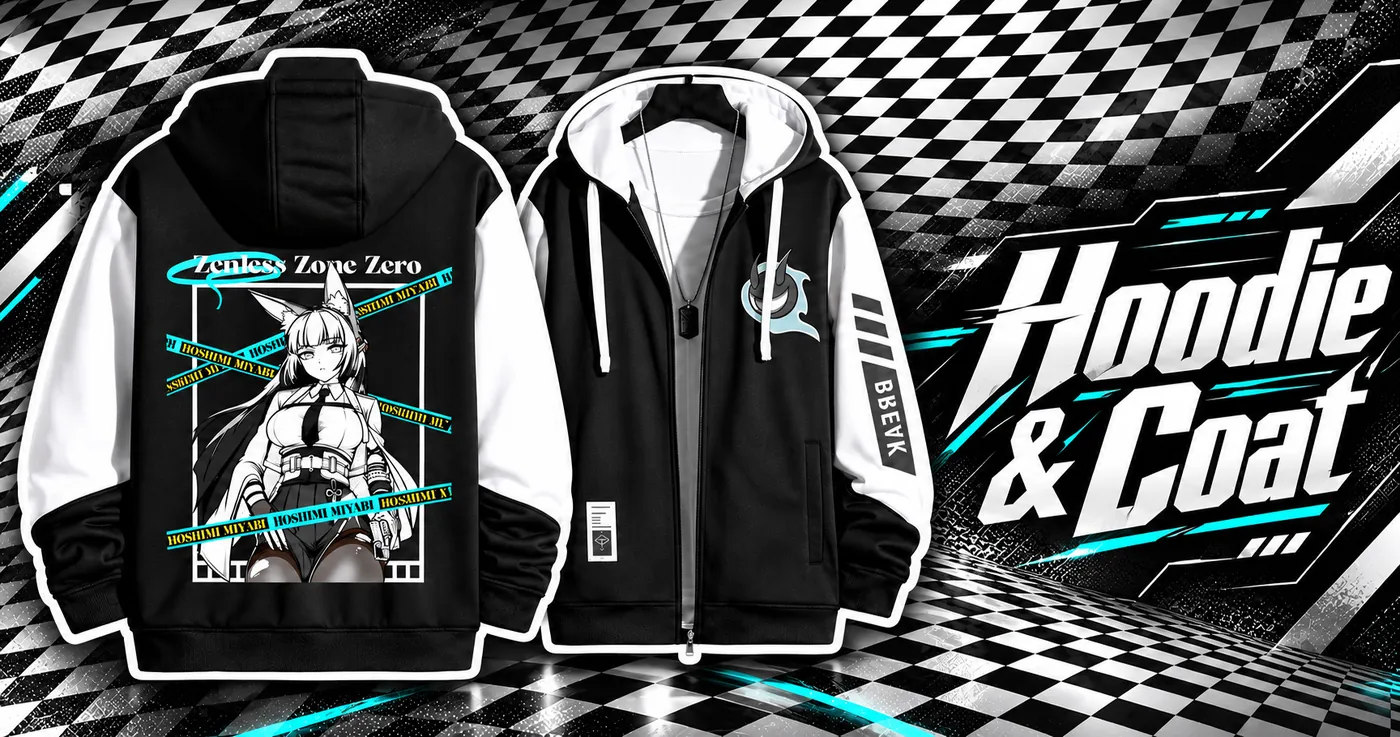 Hoshimi Miyabi black and white hoodie shown from the front and back