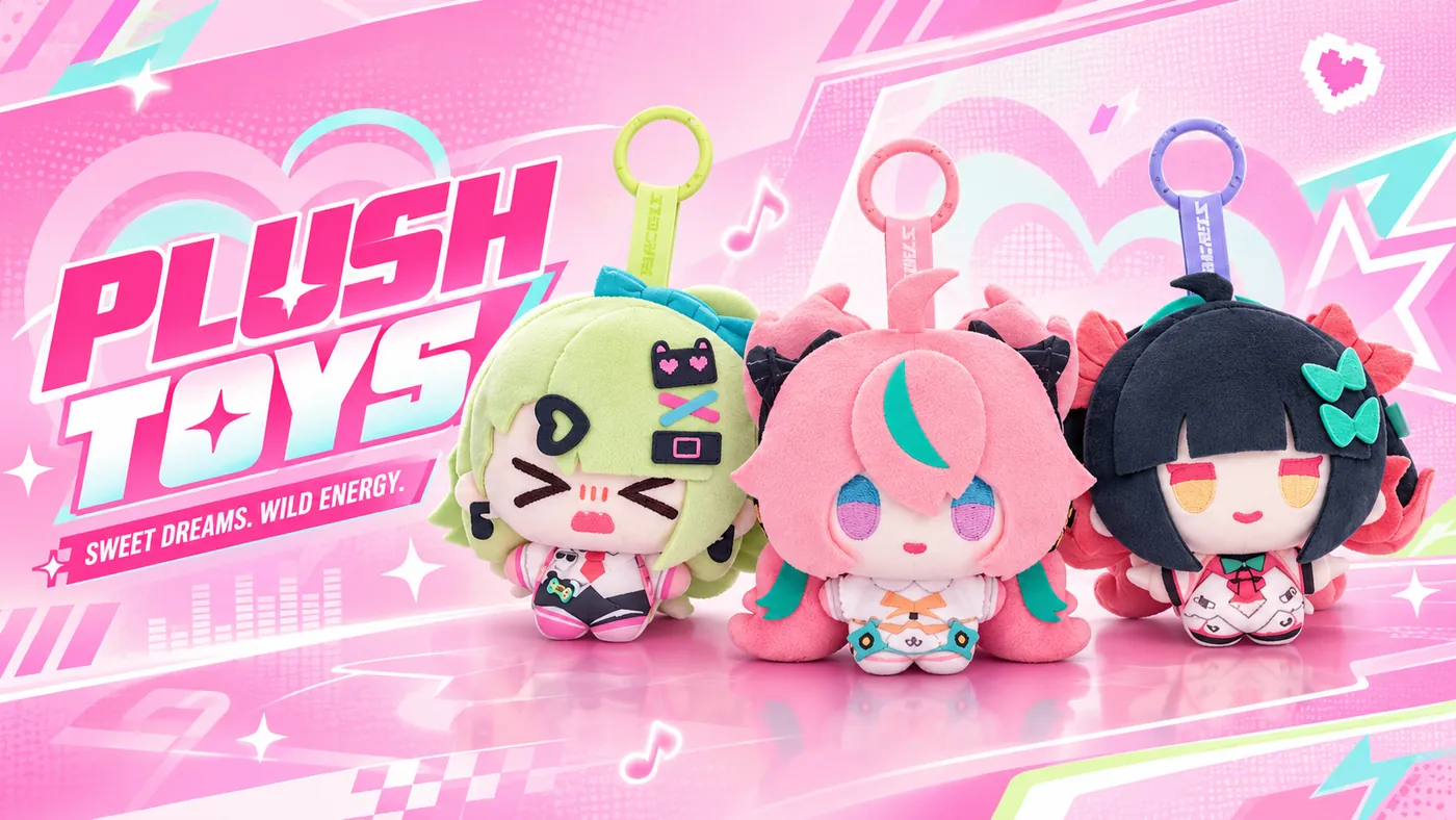 Plush Toys — three Zenless Zone Zero plush charms on a pink background