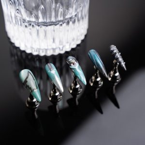 Zenless Zone Zero Hoshimi Miyabi Inspired Press On Nails Futuristic Teal Silver,Geometric Accents,Reusable Fake Nails for Anime Cosplay