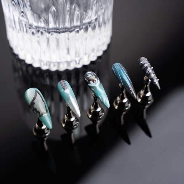 Zenless Zone Zero Hoshimi Miyabi Inspired Press On Nails Futuristic Teal Silver,Geometric Accents,Reusable Fake Nails for Anime Cosplay