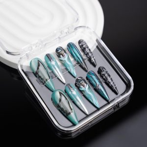 Zenless Zone Zero Hoshimi Miyabi Inspired Press On Nails Futuristic Teal Silver,Geometric Accents,Reusable Fake Nails for Anime Cosplay