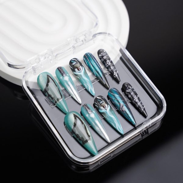Zenless Zone Zero Hoshimi Miyabi Inspired Press On Nails Futuristic Teal Silver,Geometric Accents,Reusable Fake Nails for Anime Cosplay