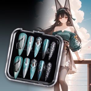 Zenless Zone Zero Hoshimi Miyabi Inspired Press On Nails Futuristic Teal Silver,Geometric Accents,Reusable Fake Nails for Anime Cosplay