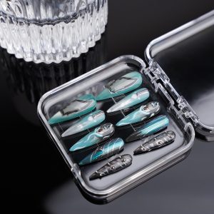 Zenless Zone Zero Hoshimi Miyabi Inspired Press On Nails Futuristic Teal Silver,Geometric Accents,Reusable Fake Nails for Anime Cosplay
