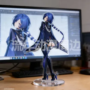 High-quality acrylic standee of ZZZ characters Billy and Banyue on a desk, featuring vibrant colors and clear bases.