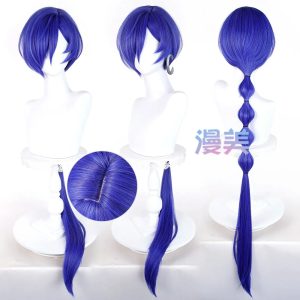 Deep blue ZZZ Banyue cosplay wig featuring a long styled bubble ponytail and realistic top scalp on a mannequin.