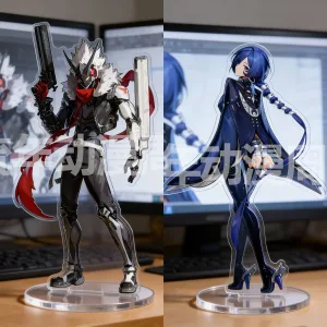 High-quality acrylic standee of ZZZ characters Billy and Banyue on a desk, featuring vibrant colors and clear bases.