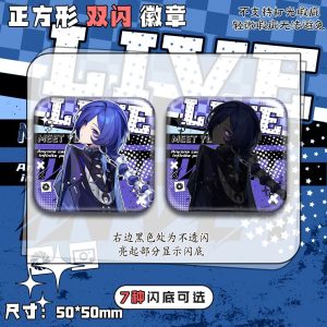 Square 50mm ZZZ anime badge of character Banyue with a shimmering holographic laser finish.