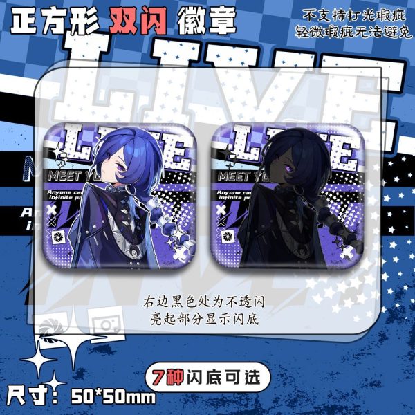 Square 50mm ZZZ anime badge of character Banyue with a shimmering holographic laser finish.