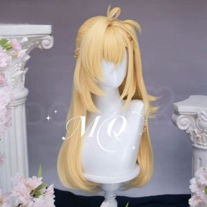 Professional blonde ZZZ Cissia cosplay wig on a mannequin, showcasing a realistic scalp top and a secure claw-clip ponytail attachment.
