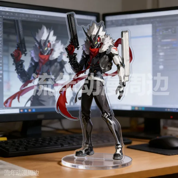 High-quality acrylic standee of ZZZ characters Billy and Banyue on a desk, featuring vibrant colors and clear bases.