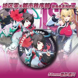 This Zenless Zone Zero 58mm badge features new characters from the Urban Order Department series, including Sisyph and Nangong Yu. Designed as a classic round anime badge, it is a compact collectible item for fans of ZZZ and anime-style game merchandise. The badge can be used to decorate backpacks, bags, pencil cases, clothing, display boards, o