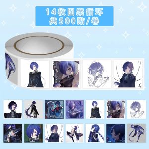Roll of 500 ZZZ Banyue anime stickers featuring 14 different cool-tone character designs for DIY journals and scrapbooking.