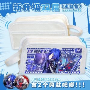 Large capacity double-layer ZZZ student pencil case in black and white featuring Billy Kid and Banyue with bonus badges.