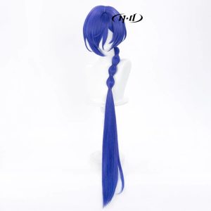 120cm deep blue ZZZ Banyue cosplay wig featuring a long styled bubble braid and a realistic simulated top scalp.