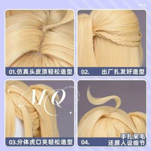 Professional blonde ZZZ Cissia cosplay wig on a mannequin, showcasing a realistic scalp top and a secure claw-clip ponytail attachment.