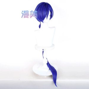 Deep blue ZZZ Banyue cosplay wig featuring a long styled bubble ponytail and realistic top scalp on a mannequin.