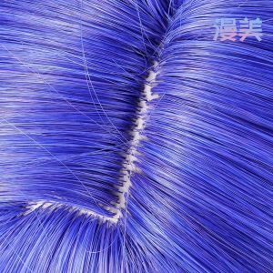 Deep blue ZZZ Banyue cosplay wig featuring a long styled bubble ponytail and realistic top scalp on a mannequin.