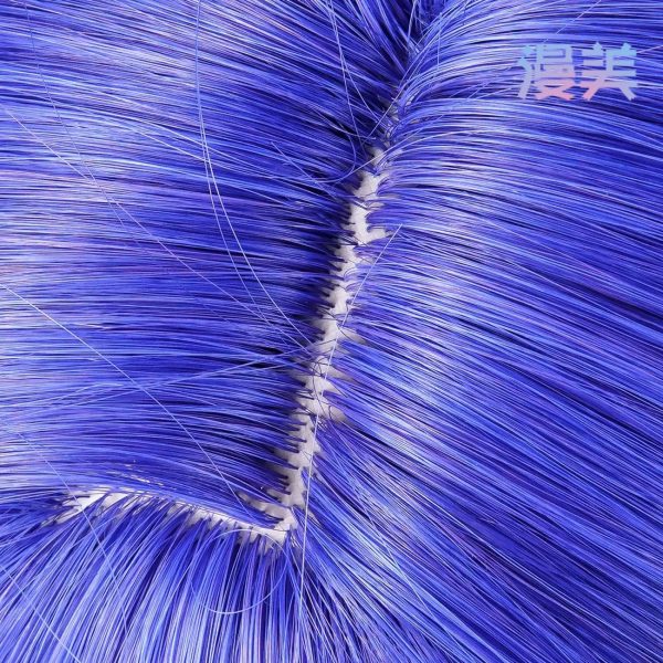 Deep blue ZZZ Banyue cosplay wig featuring a long styled bubble ponytail and realistic top scalp on a mannequin.