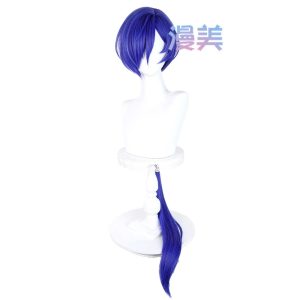 Deep blue ZZZ Banyue cosplay wig featuring a long styled bubble ponytail and realistic top scalp on a mannequin.