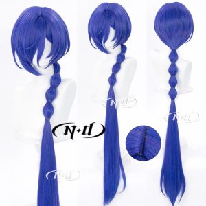 120cm deep blue ZZZ Banyue cosplay wig featuring a long styled bubble braid and a realistic simulated top scalp.