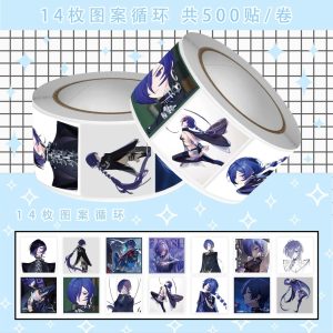 Roll of 500 ZZZ Banyue anime stickers featuring 14 different cool-tone character designs for DIY journals and scrapbooking.