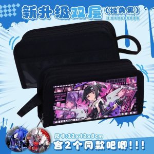 Large capacity double-layer ZZZ student pencil case in black and white featuring Billy Kid and Banyue with bonus badges.