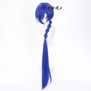 120cm deep blue ZZZ Banyue cosplay wig featuring a long styled bubble braid and a realistic simulated top scalp.