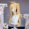 Professional blonde ZZZ Cissia cosplay wig on a mannequin, showcasing a realistic scalp top and a secure claw-clip ponytail attachment.