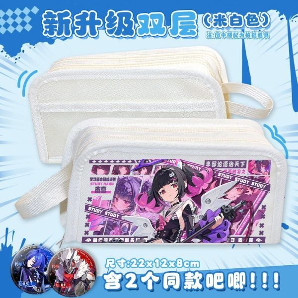 Large capacity double-layer ZZZ student pencil case in black and white featuring Billy Kid and Banyue with bonus badges.