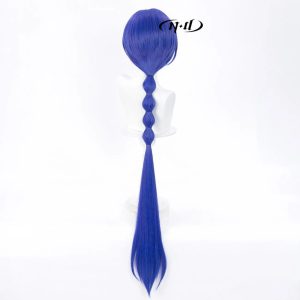 120cm deep blue ZZZ Banyue cosplay wig featuring a long styled bubble braid and a realistic simulated top scalp.