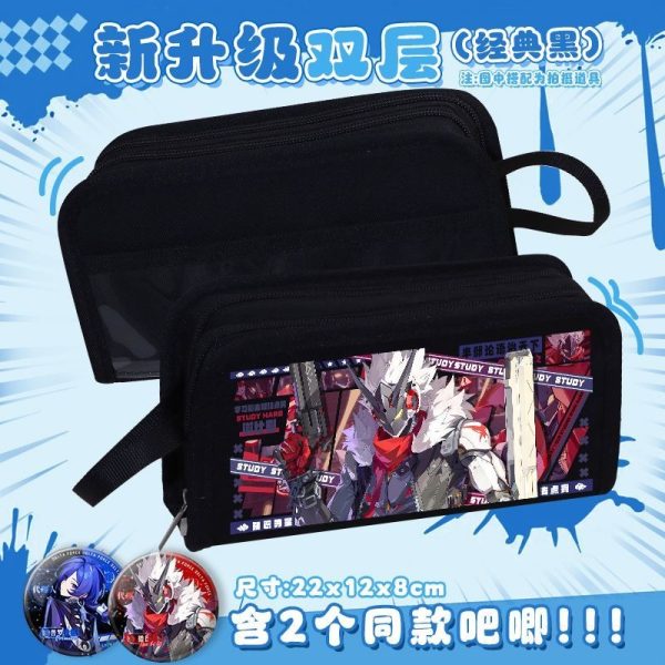 Large capacity double-layer ZZZ student pencil case in black and white featuring Billy Kid and Banyue with bonus badges.