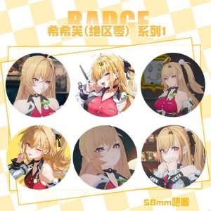 Collection of round 58mm Zenless Zone Zero tinplate badges showcasing agent Cissia in various expressions, chibi styles, and tactical N.E.P.S. outfits.