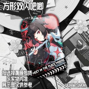 High-definition 44x70mm rectangular badges of ZZZ characters Cissia and Nangong Yu featuring a glittering holographic silver onion finish and tactical caution tape background patterns.