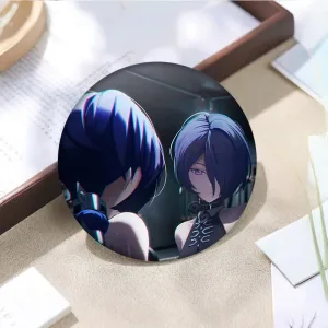 Thick rectangular Zenless Zone Zero acrylic mahjong block and a matching round badge showcasing character Promeia looking into a mirror reflection.