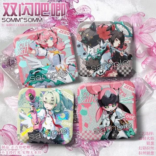 50mm square Zenless Zone Zero character badges with colorful holographic double-flash effects and reflective agent art.
