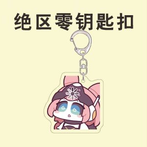 Four separate Zenless Zone Zero acrylic chibi keychains showing character Nangong Yu in sunglasses, a steaming Sunna, a cheering Aria, and a cute pink Bangboo.