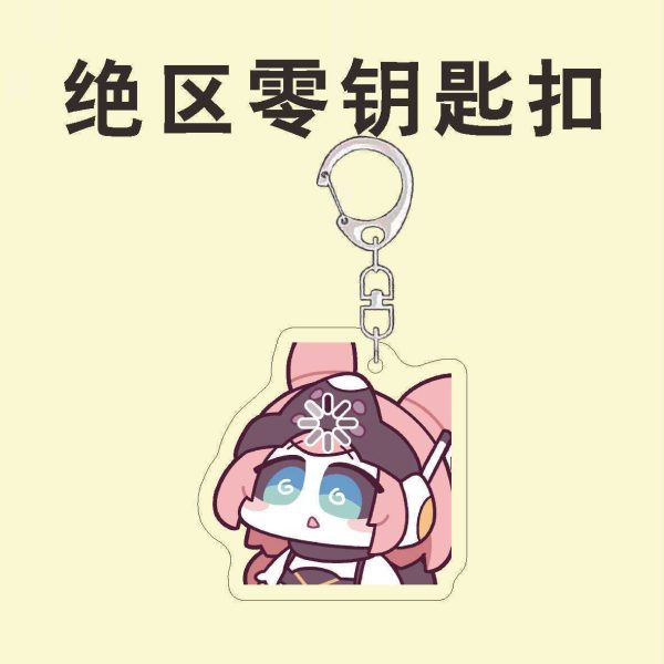Collection of ZZZ chibi acrylic keychains featuring Eri, Chinatsu, and Nangong Yu with funny emoji and meme expressions.