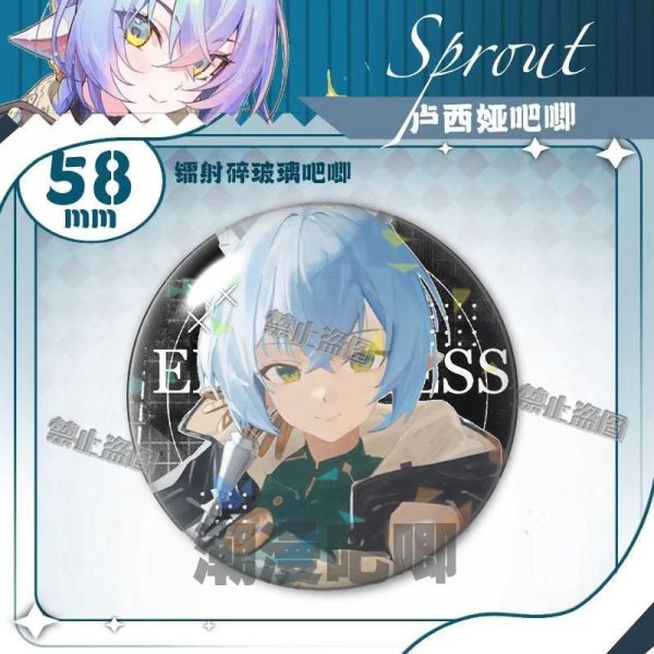 Round 58mm Zenless Zone Zero tinplate badge showcasing character Luciana with colorful gradient hair and elf ears under a glittering shattered glass holographic layer.