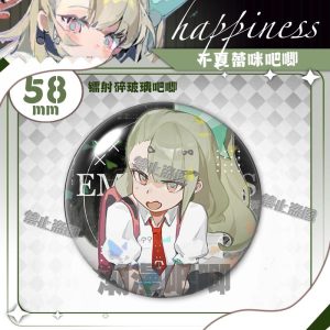 Round 58mm Zenless Zone Zero badge of character Sunna with a sparkling rainbow laser shattered-glass holographic film overlay.