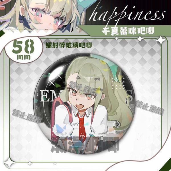 Round 58mm Zenless Zone Zero badge of character Chinatsu with a sparkling rainbow laser shattered-glass holographic film overlay.
