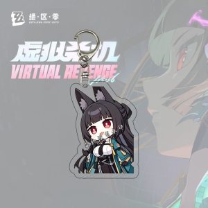 Six separate Zenless Zone Zero acrylic chibi keychains showing character Hoshimi Miyabi in various emote expressions, hiding in a box, and wearing a green melon costume.