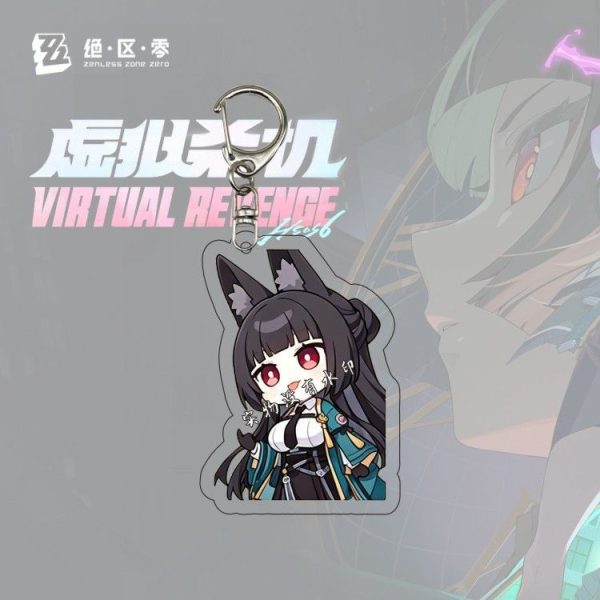 Six separate Zenless Zone Zero acrylic chibi keychains showing character Hoshimi Miyabi in various emote expressions, hiding in a box, and wearing a green melon costume.