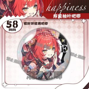 Round $58\text{mm}$ Zenless Zone Zero tinplate fan badge showing character Ukiha Yuzuha with red hair and green eyes covered in a shimmering laser shattered-glass holographic film.