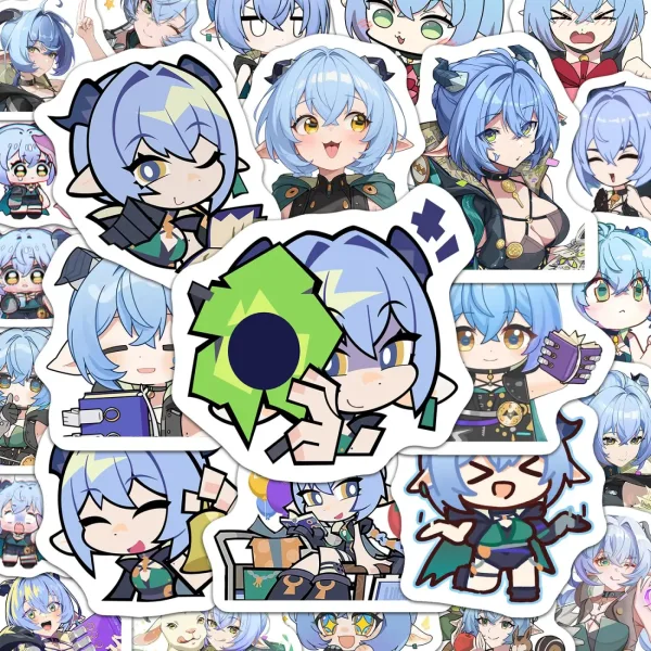 A collection of high-definition die-cut Zenless Zone Zero vinyl chibi stickers showing various cute, horn-eared expressions of character Luciana with light blue hair.