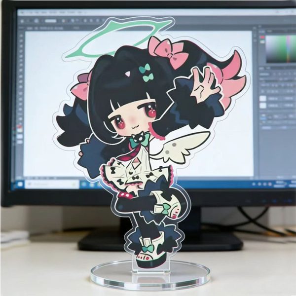 Vibrant ZZZ Eri chibi acrylic stand with pink hair and wings in Angels of Delusion style.