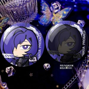 Round Zenless Zone Zero double-flash badges showcasing character Promeia cuddling a dog and in tactical loading screen portrait styles with an iridescent background shine.