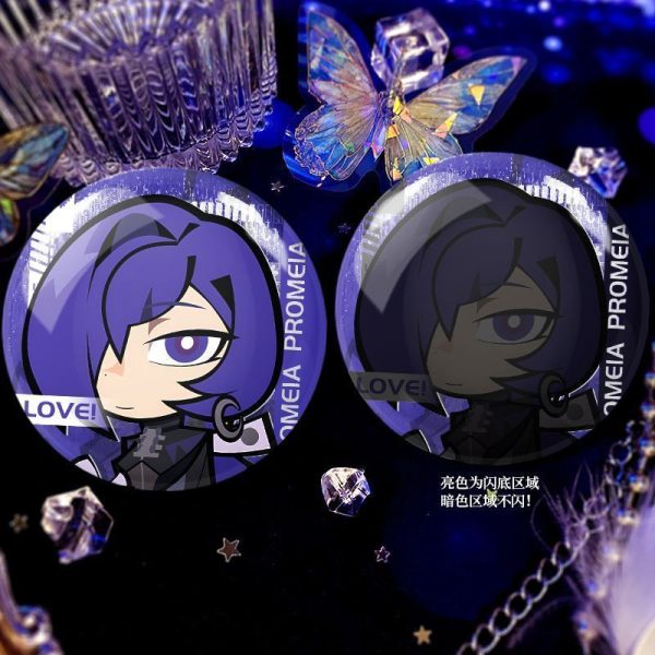 Round Zenless Zone Zero double-flash badges showcasing character Promeia cuddling a dog and in tactical loading screen portrait styles with an iridescent background shine.