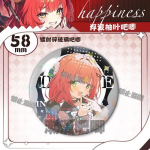 Round $58\text{mm}$ Zenless Zone Zero tinplate fan badge showing character Ukiha Yuzuha with red hair and green eyes covered in a shimmering laser shattered-glass holographic film.